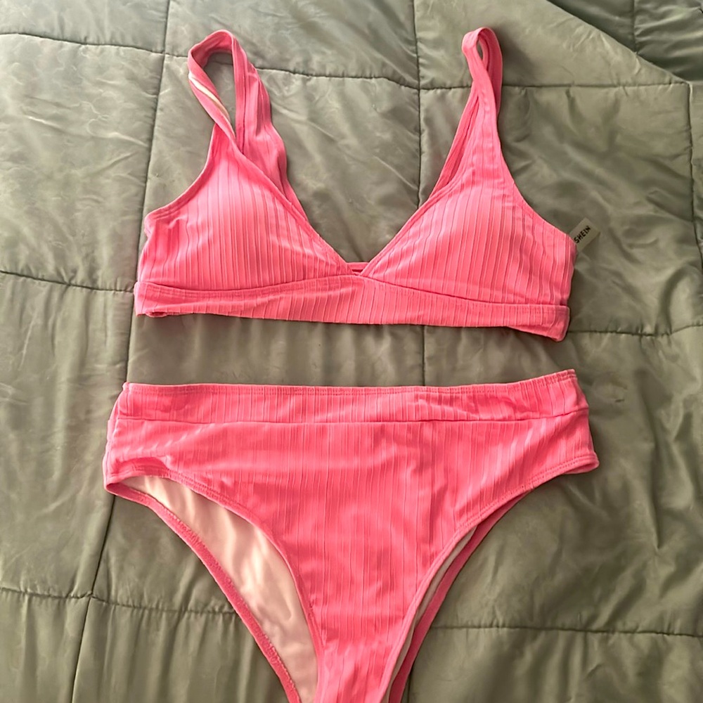 Pink ribbed bikini (high rise bottoms)